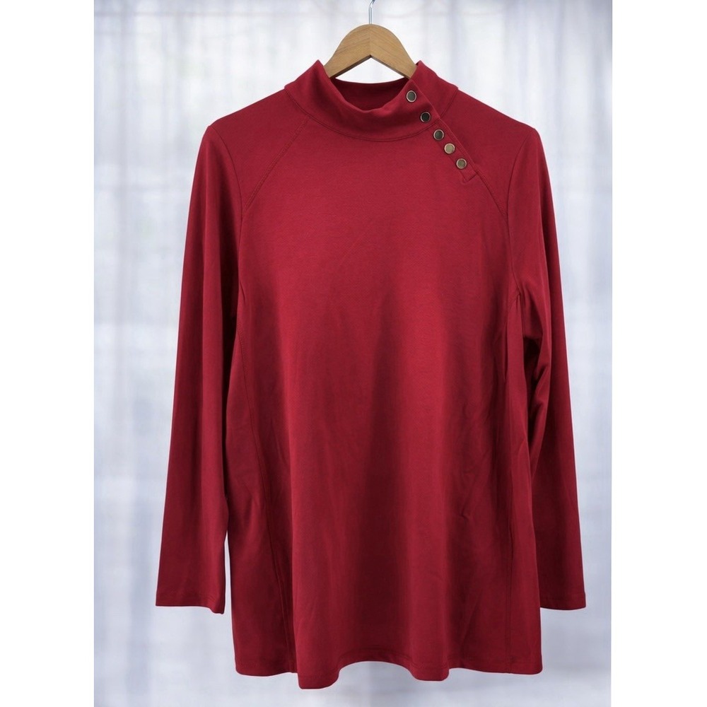 Susan Graver Weekend French Terry Knit Tunic Top Gold Snap Mock Neck Red Large